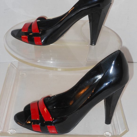 NINE WEST BLACK AND RED LEATHER OPEN TOE PUMPS SIZ - Picture 3 of 5